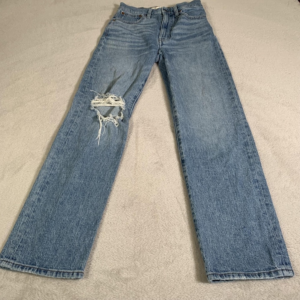 Madewell Perfect Vintage Straight Jeans Womens 24 Blue Wash High Rise Distressed